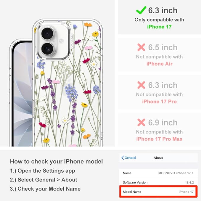 MOSNOVO for iPhone 17 Case | Military Grade 6.6ft Drop Tested | Camera Control | Clear with Floral Garden Design