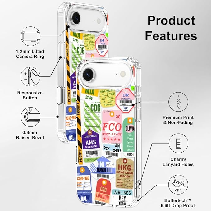 MOSNOVO for iPhone Air Case | Military Grade 6.6ft Drop Tested | Camera Control | Clear with Air Ticket Labels Design