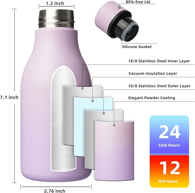 BJPKPK Insulated Water Bottles, 12oz Stainless Steel Metal Water Bottle with Strap, BPA Free Leak Proof Jugs, Mugs, Flasks, Reusable Thermal Flasks for Sports & Travel, Dreamy Purple