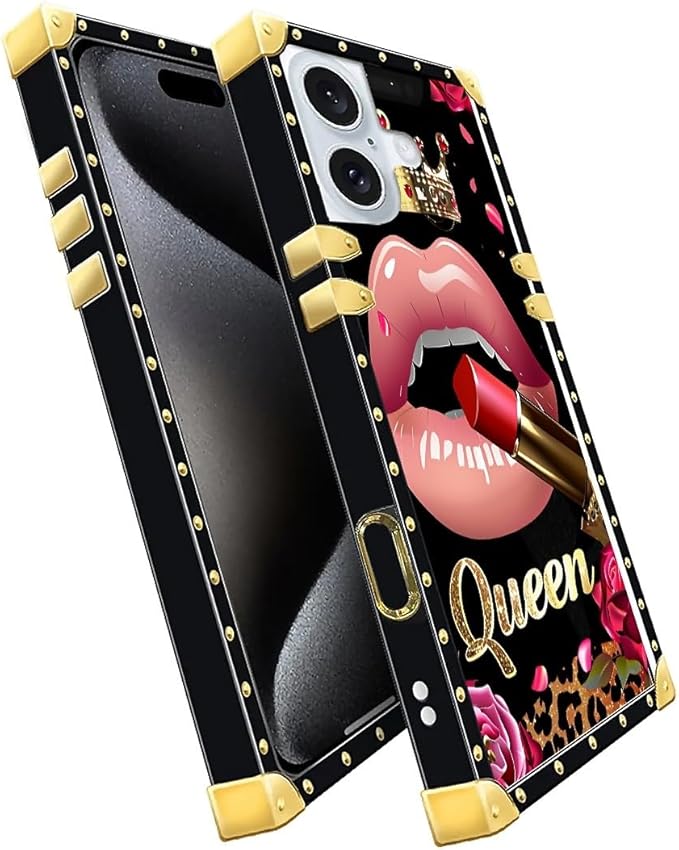 Compatible with iPhone 16 Plus Case, Glitter Red Rose Queen Leopard Lipstick Luxury Golden Decoration for Girl Women Soft TPU Shockproof Protective Hard PC Back
