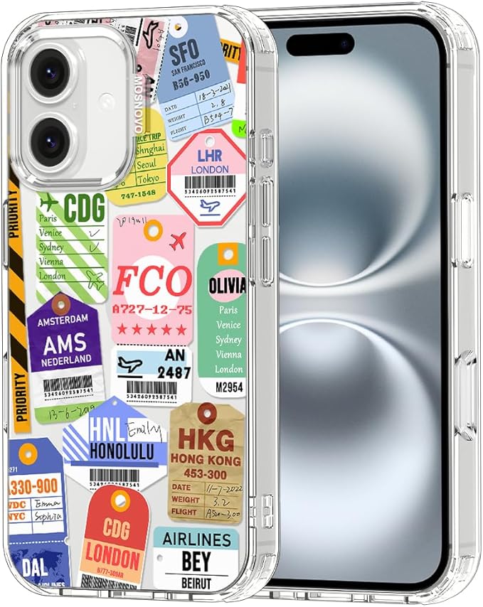 MOSNOVO Case for iPhone 16 Plus, [Buffertech 6.6ft Military-Grade Drop Protection] [Anti Peel Off Tech] Clear TPU Bumper Phone Case Cover Design - Air Ticket Labels