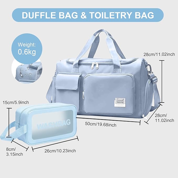 Suruid Gym Bag for Women Men, Travel Duffle Bag Large Capacity Carry On Weekender Bag With Shoe Compartment Gym Tote Dry Wet Separation Duffel Bag with Makeup Bag, Blue