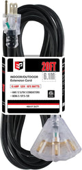 EP 20 Ft 12 Gauge Heavy Duty Extension Cord, 15A 125V 1875W, 3 Outlet Indoor/Outdoor Power Cord with Lighted End, 12/3 SJTW Weatherproof Black