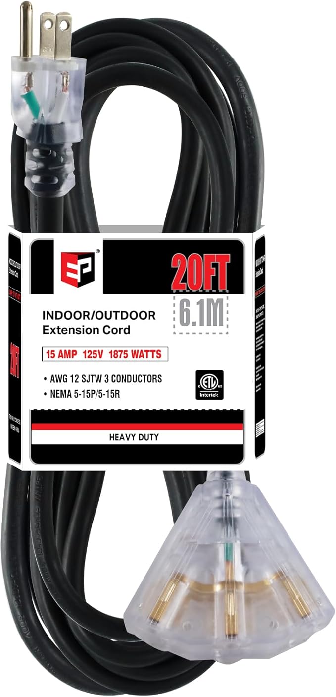 EP 20 Ft 12 Gauge Heavy Duty Extension Cord, 15A 125V 1875W, 3 Outlet Indoor/Outdoor Power Cord with Lighted End, 12/3 SJTW Weatherproof Black