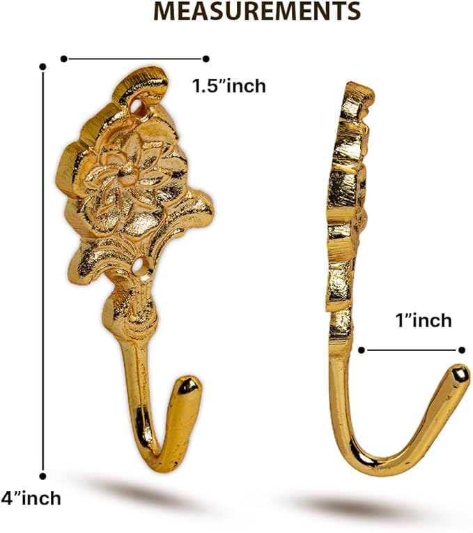 FAPBADRI Multipurpose Hooks, Used to Hang Clothes, Bags, Coats, Curtain Hold Backs, Keys, Colour - Full Gold, Material - Brass, Flower Design, Screws and Wallplugs Included, Pack of 2 Pieces