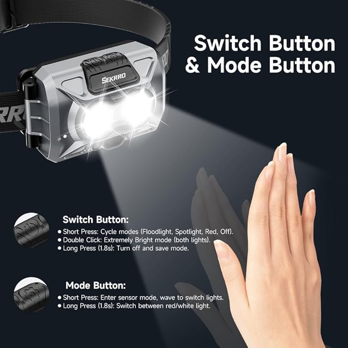 Sekrro F8 Headlamp Rechargeable, 800 Lumen Super Bright LED Head Lamp, IP67 Waterproof with Motion Sensor and Red Light, AAA Battery Compatible for Work, Camping, Hiking, Running