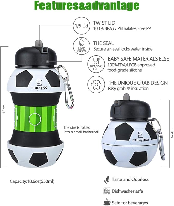 Collapsible Water Bottles with Carabiner Food Grade Sports Water Bottle for Gift Kids Folding Water Bottle for Hiking, GYM, School, Sports and Travelling 19Oz/550ml BPA Free (Soccer)