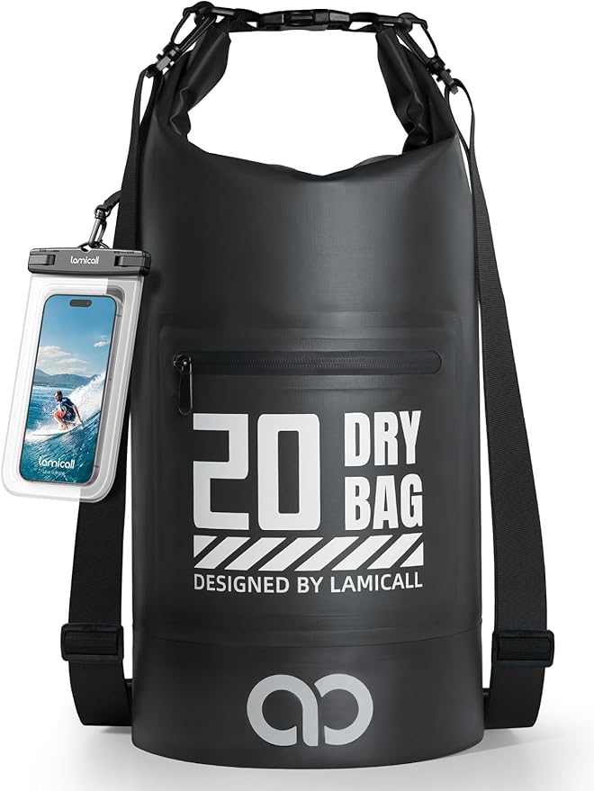 Lamicall Waterproof Dry Bag with Phone Pouch, Floating Roll Top Backpack, 20L, Black