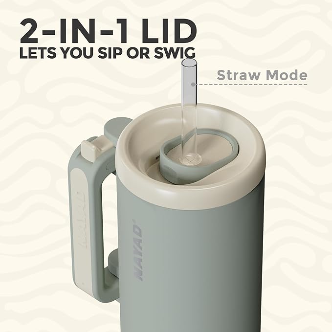 NAYAD 40oz Travel Tumbler with Handle and Straw|Cup Holder Friendly Insulated Stainless Steel Dual Straw-Sip Lid Folding Handle Cupholder Compatible for Travel or Gift| BPA-Free (Grey)
