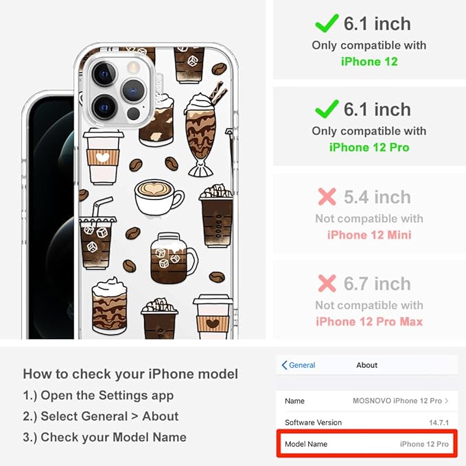 MOSNOVO Case for iPhone 12 & iPhone 12 Pro, [Buffertech 6.6ft Military-Grade Drop Protection] [Anti Peel Off Tech] Clear TPU Bumper Phone Case Cover Design - Coffee