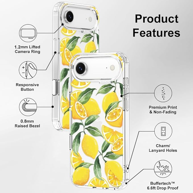 MOSNOVO for iPhone Air Case | Military Grade 6.6ft Drop Tested | Camera Control | Clear with Lemon Design