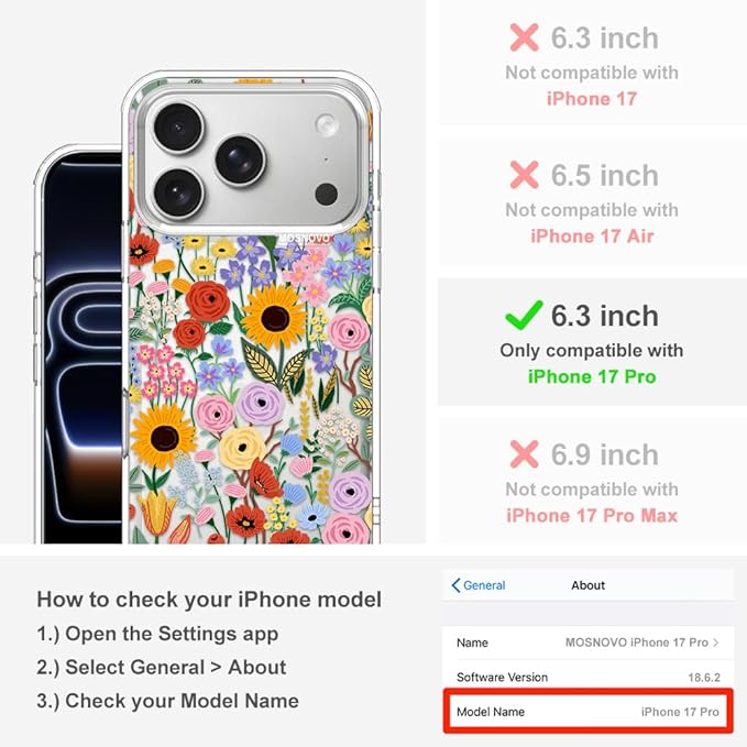 MOSNOVO for iPhone 17 Pro Case | Military Grade 6.6ft Drop Tested | Camera Control | Clear with Blossom & Bloom Design