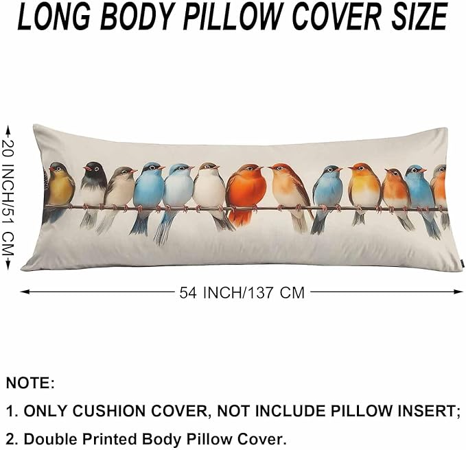 Body Pillow Covers Bird Body Pillowcase 20"X54", Vintage Birds Colorful Couch Body Pillow Cases for Home Bedroom, Outdoor Body Cushion Cover for Men Women