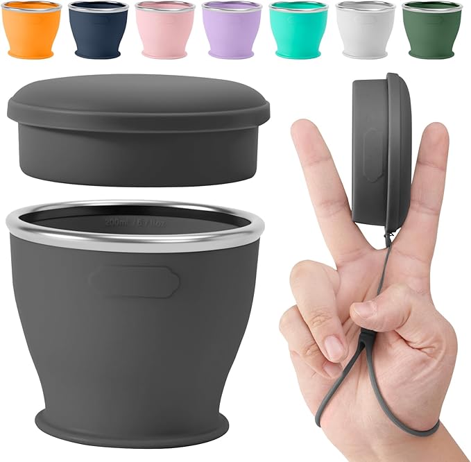 Collapsible Travel Cup, BPA-Free Reusable Water Cup, Lightweight Drinking Cups with Lids and Carrying Strap, Dishwasher Safe Silicone Cups for Camping, Travel, Airports, Hotel (6.7oz, Black)