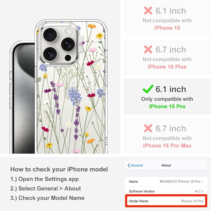 MOSNOVO Case for iPhone 15 Pro, [Buffertech 6.6ft Military-Grade Drop Protection] [Anti Peel Off Tech] Clear TPU Bumper Phone Case Cover Design - Floral Garden