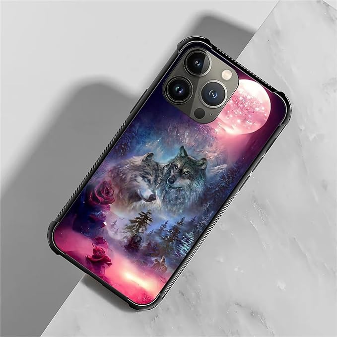 for iPhone 13 Pro Case, Star Two Wolfs Howling Pattern Graphic Design Girl Boy Soft Silicone Hard Acrylic Shock Protection for iPhone 13 Pro