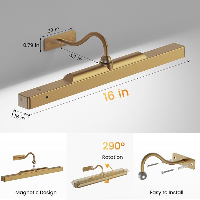 Picture Light Battery Rechargeable, 3Pack Picture Light for Wall with Remote, 3 Color Modes and Dimmable Classic Art Lights for Paintings, Pictures in Gallery, Bedroom, with Timer_Antique Gold