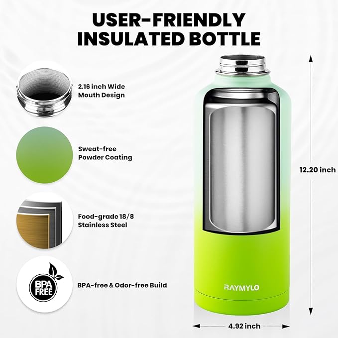 RAYMYLO Insulated Water Bottle 87 oz, Triple Wall Vacuum Stainless Steel (Cold for 48 Hrs), Leak Proof & Non-BPA, Modern Water Flask Jug with Paracord Handle & Straw Spout Lids, Ombre Green