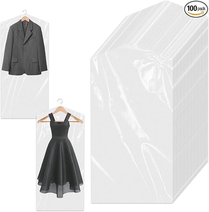 100 Pack Clear Plastic Dry Cleaning Bags 23.6x47.2 Inch Garment Bags Dust-Proof Hanging Clothes Cover Protector Bag for Dress Jacket Suits Coats Uniforms Shirt Laundrette