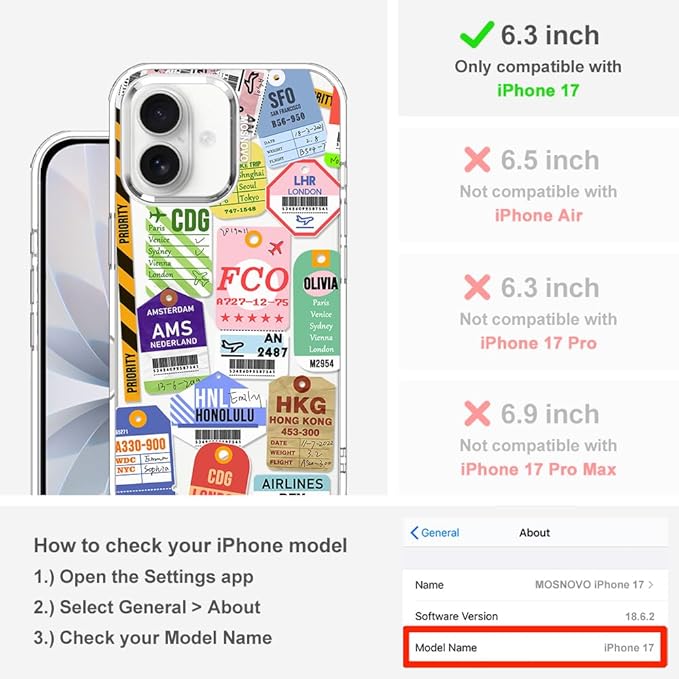 MOSNOVO for iPhone 17 Case | Military Grade 6.6ft Drop Tested | Camera Control | Clear with Air Ticket Labels Design