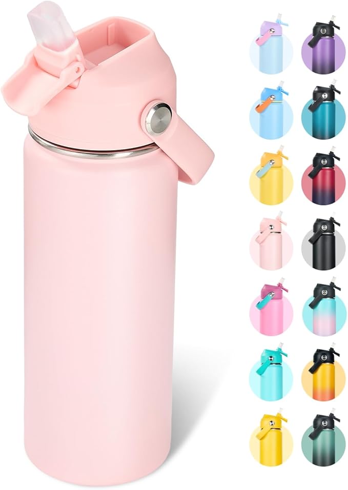 Fijinhom 18oz Insulated Stainless Steel Water Bottle, Wide Mouth Double Wall Vacuum, Silicone Straw, Sweat & Leak Proof, BPA Free Insulated Water Flask for Travel, Keep Cold 24h Hot 12h, Coral Pink
