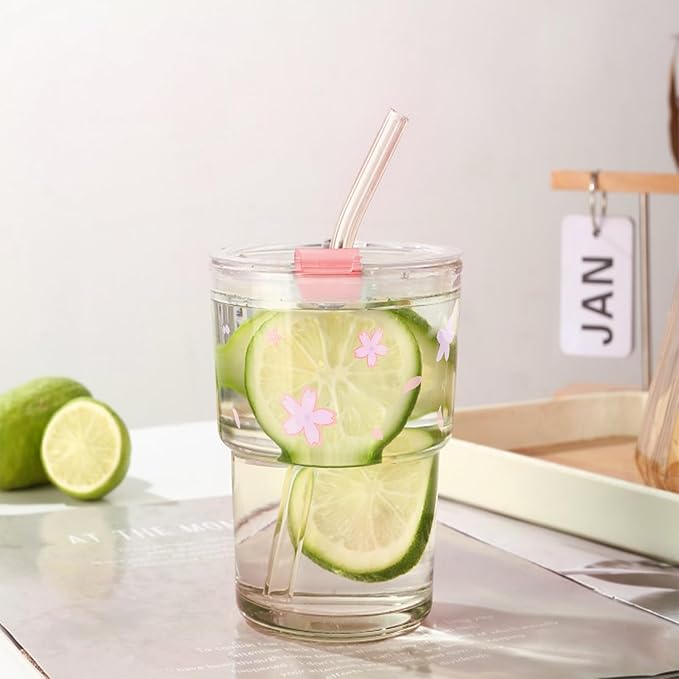 Iced Coffee Cup, 15Oz/450ml Glass Cups With Lids And Straws, Iced Coffee Glasses Tumbler, Thick Wall Mug For Tea Water With Glass Straw, Coffee Cute Tumbler Gifts (Pink)