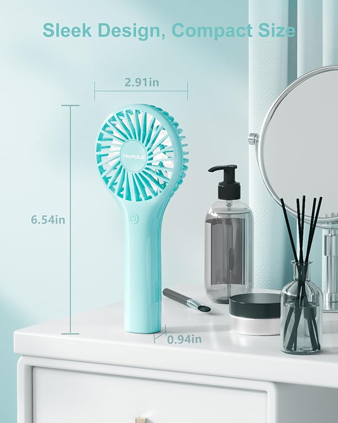 TriPole Mini Handheld Fan Portable Personal Fan with 3 Speed, Powerful Little Battery Hand Held Fan for Travel Trip Outdoor Concerts, Cute Small Rechargeable Lash Fan for Makeup Skincare Drying, Cyan