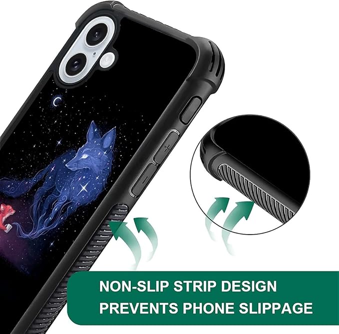 for iPhone 16 Case, Galaxy Fox Wolf Pattern Graphic Design Girl Boy Soft Silicone Hard Acrylic Shock Protection for iPhone 16