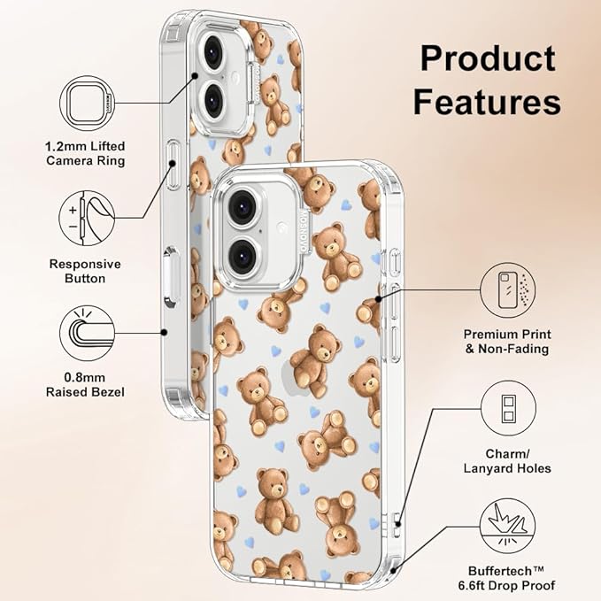 MOSNOVO for iPhone 16 Case, Shockproof Military-Grade Protection 6.6ft Drop Tested, Clear Phone Case for iPhone 16, Teddy Mood Design