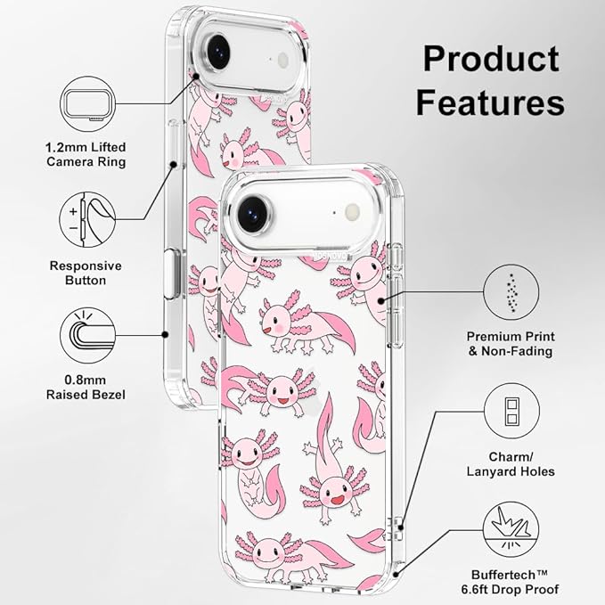 MOSNOVO for iPhone Air Case | Military Grade 6.6ft Drop Tested | Camera Control | Clear with Pink Axolotl Design