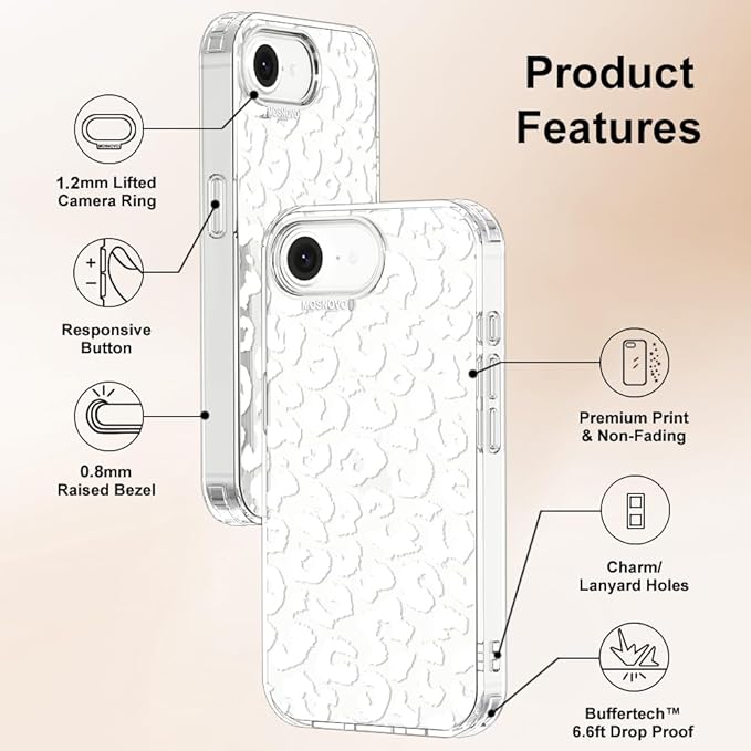 MOSNOVO for iPhone 17e Case/iPhone 16e Case, Shockproof Military-Grade Protection 6.6ft Drop Tested, Clear Phone Case for iPhone 16e / iPhone 17e, White Leopard Print Design