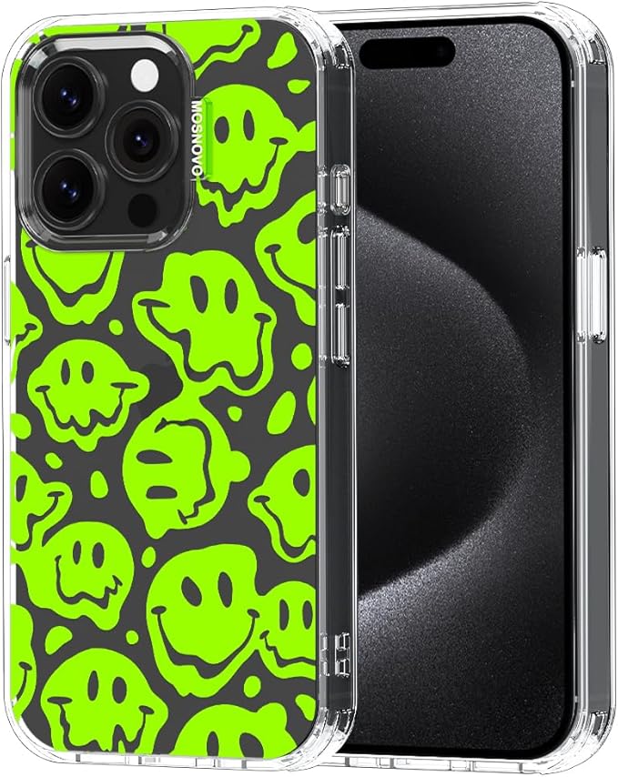 MOSNOVO Case for iPhone 15 Pro, [Buffertech 6.6ft Military-Grade Drop Protection] [Anti Peel Off Tech] Clear TPU Bumper Phone Case Cover Design - Distorted Green Smiles Face