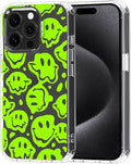 MOSNOVO Case for iPhone 15 Pro, [Buffertech 6.6ft Military-Grade Drop Protection] [Anti Peel Off Tech] Clear TPU Bumper Phone Case Cover Design - Distorted Green Smiles Face