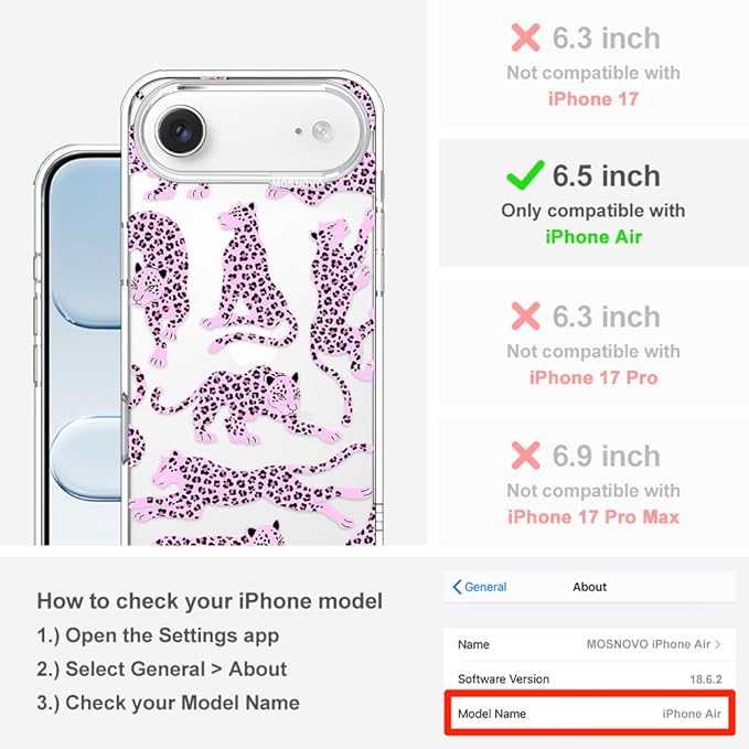 MOSNOVO for iPhone Air Case | Military Grade 6.6ft Drop Tested | Camera Control | Clear with Pink Leopard Design
