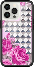 Wildflower Cases - Compatible with iPhone 13 Pro | Protective Black Bumper, 6.5ft Drop Test Certified, Women Owned Small Business | Cute Pink Stud Floral | Pink Floral w/Silver Pyramid