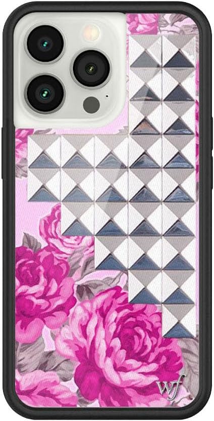 Wildflower Cases - Compatible with iPhone 13 Pro | Protective Black Bumper, 6.5ft Drop Test Certified, Women Owned Small Business | Cute Pink Stud Floral | Pink Floral w/Silver Pyramid