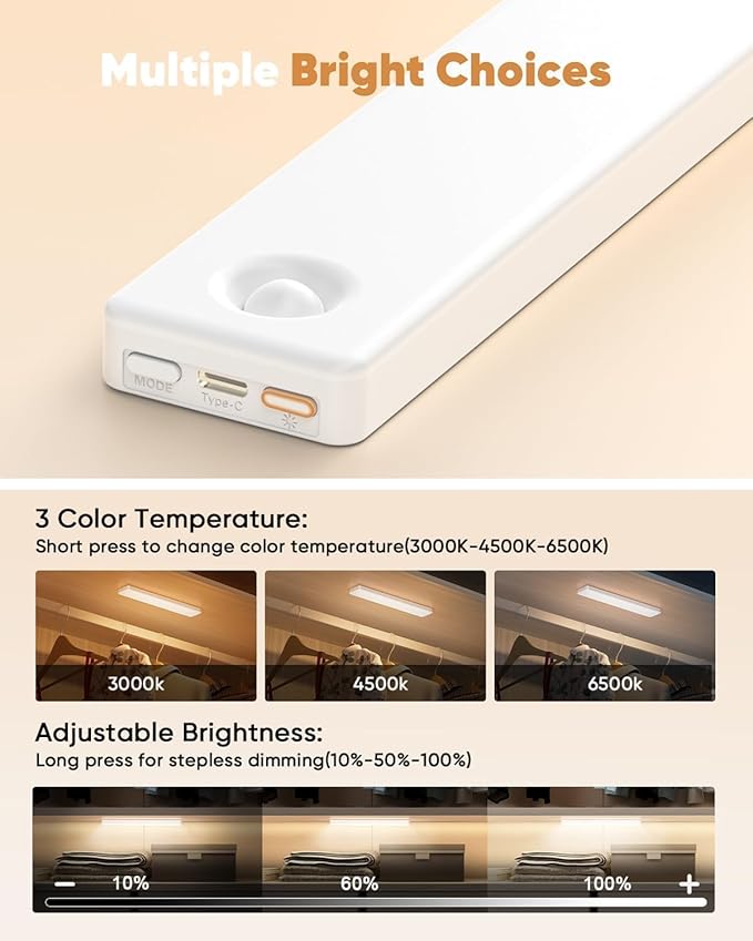 13inch Under Cabinet Lighting, 3 Color Temperatures Motion Sensor Light Indoor, USB Rechargeable Battery Operated Closet Lights, Dimmable LED Cabinet Lights, Under Counter Light for Kitchen (2 Pack)