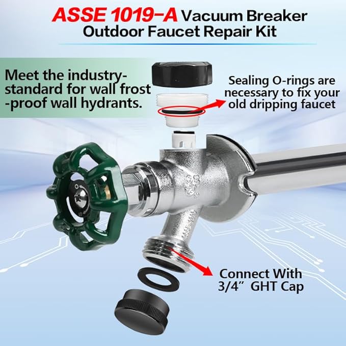 Vacuum Breaker Replacement Kit, ASSE 1019-A Vacuum Breaker Repair Kit(Fine Thread), Anti Siphon Valve Repair Kit, Outdoor Faucet repair kit(Black) with 1PCS 3/4" Outdoor Faucet Cap(Black)