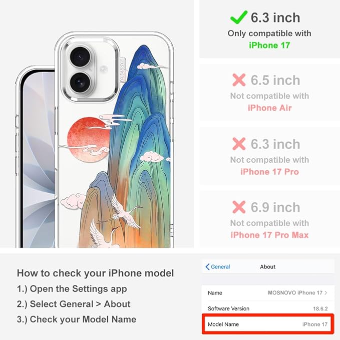 MOSNOVO for iPhone 17 Case, Shockproof Military-Grade Protection 6.6ft Drop Tested, Camera Control, Clear Phone Case for iPhone 17, Celestial Cranes Design