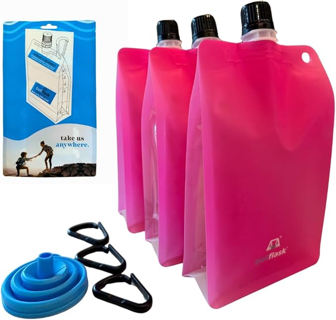 BellFlask - 15 oz. Plastic Flask, Patented, Flexible, Metal-Free, Reusuable, BPA-Free with Carabiner Clip and Filling Funnel