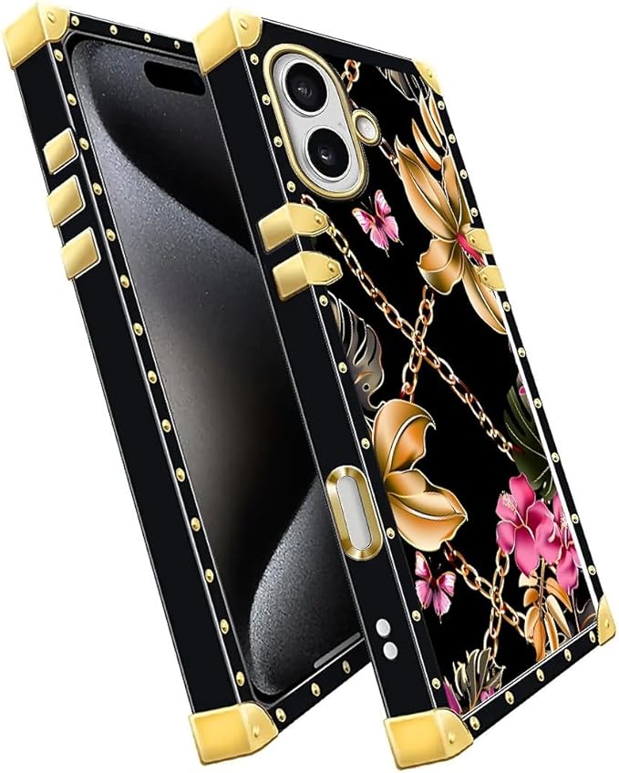 for iPhone 17 Case Luxury Golden Decoration for Girl Women Soft TPU Shockproof Protective Hard PC Back for iPhone 17 Crazy Pattern Pink Golden Chain Tropical Flower