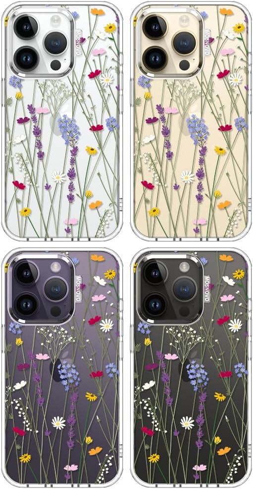 MOSNOVO Case for iPhone 14 Pro, [Buffertech 6.6ft Military-Grade Drop Protection] [Anti Peel Off Tech] Clear TPU Bumper Phone Case Cover Design - Floral Garden