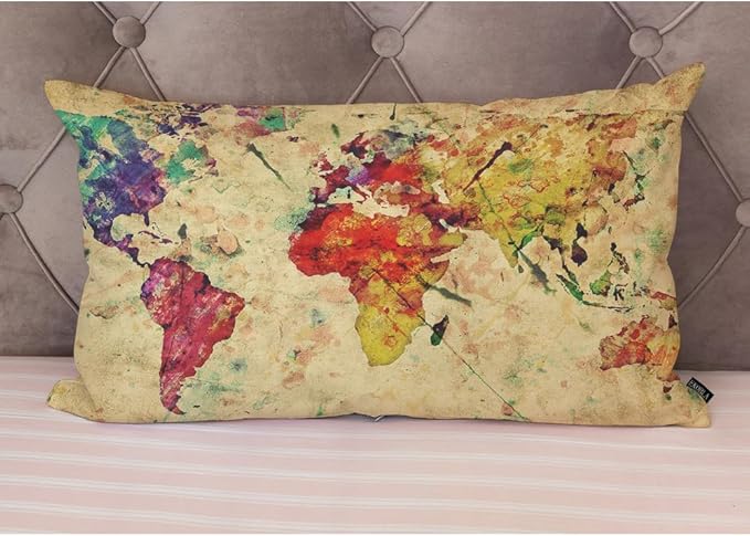 EKOBLA Watercolor World Map Lumber Pillow Cases Vintage Global Graphic Home Decorative Waist Lumber Cotton Linen Pillowcases Oblong Rectangle Case
