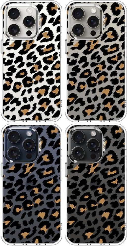 MOSNOVO Case for iPhone 15 Pro, [Buffertech 6.6ft Military-Grade Drop Protection] [Anti Peel Off Tech] Clear TPU Bumper Phone Case Cover Design - Leopard Print
