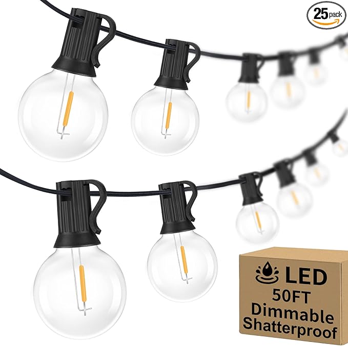 Bosceos 50FT Outdoor G40 LED Globe String Lights Dimmable Waterproof Shatterproof Light Strings with 25 Bulbs Connectable Commercial Hanging Lights for Christmas Patio House Backyard Balcony Party