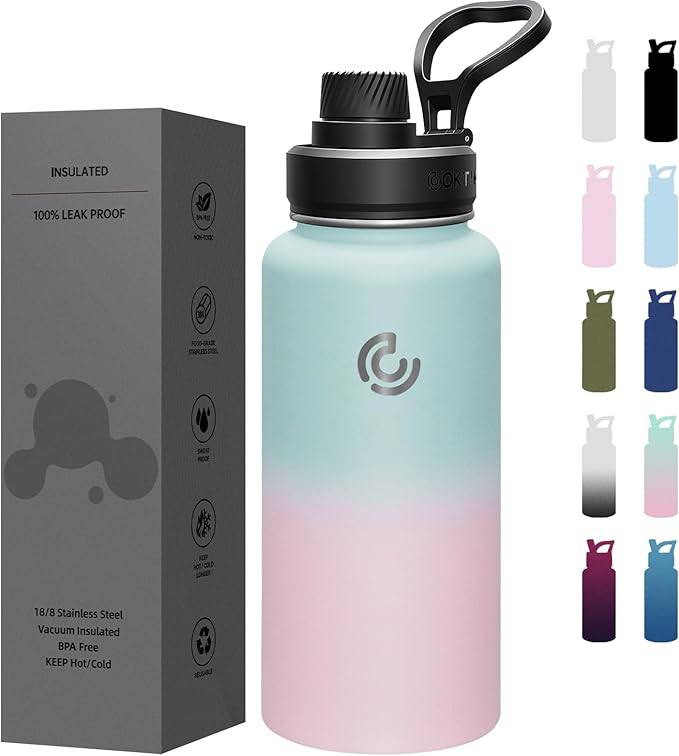 Sports Water Bottle 32oz, Insulated Water Bottle with Handle,Stainless Steel,Simple Modern,Suitable for Travel, School, Boy, Girl(Bubble Gum)
