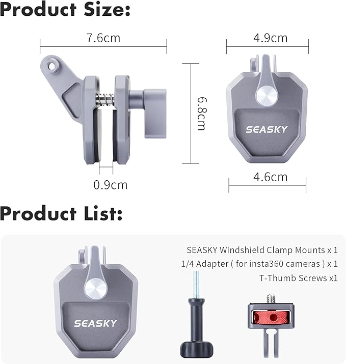 SEASKY M02 Motorcycle Windscreen Clamp Mount Motorbike Accessories for Gopro Hero 13 12 11 10 9 8 for DJI Action 5 4 3 2 OSMO 360 for insta360 X5 X4 X3 Ace Pro 2 Action Camera All Aluminum Metal