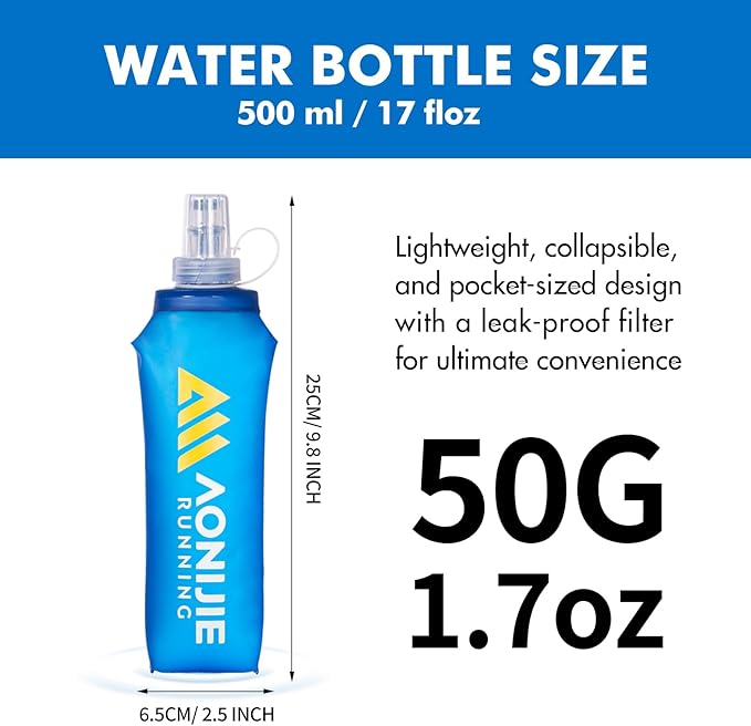 AONIJIE Running Water Bottle 2PCS 500ml/17oz Soft Flask TPU Collapsible Water Bottles, BPA-Free Foldable Leak-Proof Bottle for Hydration Pack, Running Vest, Hiking & Cycling