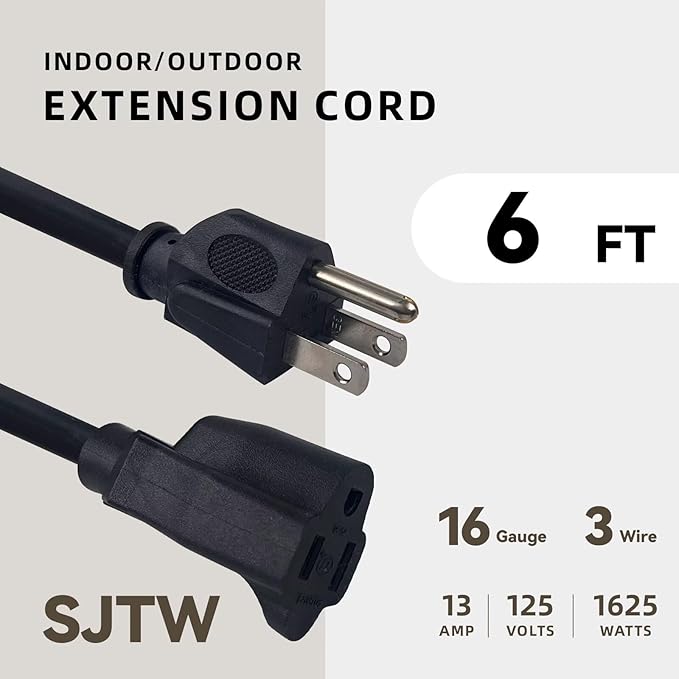 6ft Outdoor Extension Cord for Christmas Decorations- 16/3 Heavy Duty SJTW Waterproof Black Electrical Cable with 3 Prong Grounded Plug for Safety, Great for Lawn and Major Appliances