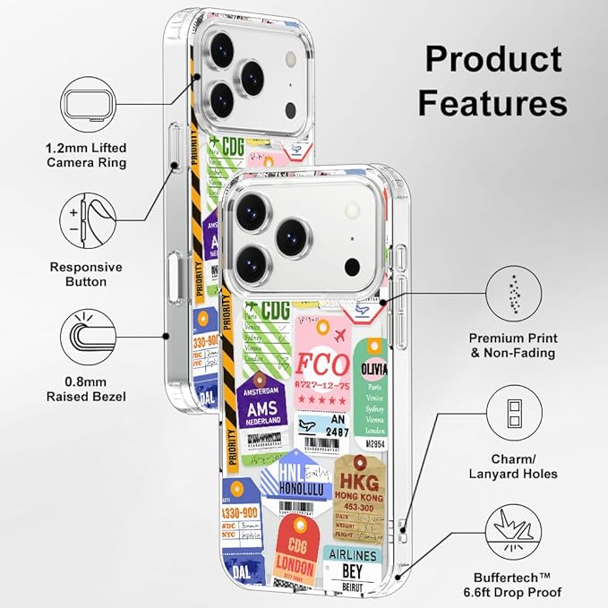 MOSNOVO for iPhone 17 Pro Case | Military Grade 6.6ft Drop Tested | Camera Control | Clear with Air Ticket Labels Design